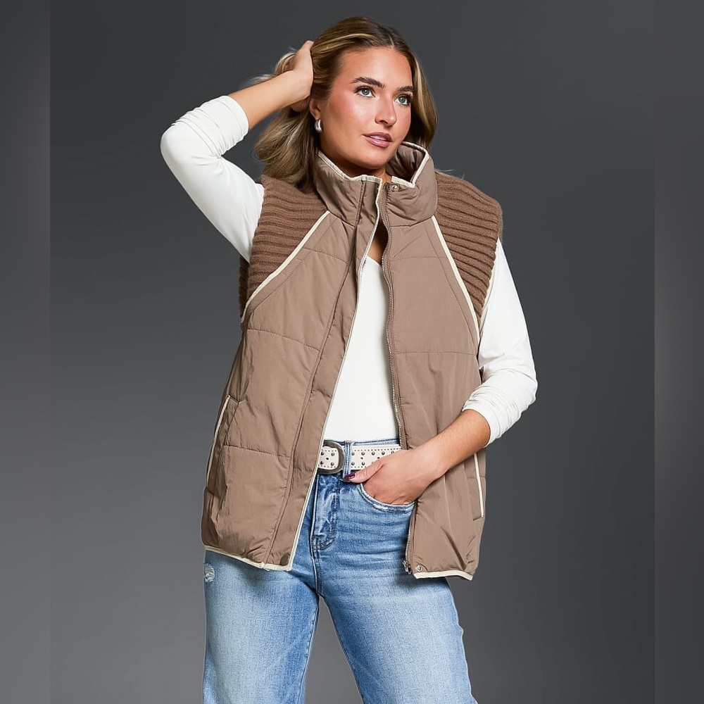 Buckle Black Pieced Sweater Puffer Vest -Small